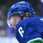 Oct 20, 2026; Vancouver, British Columbia, CAN; Vancouver Canucks right wing Brock Boeser (6) waits for the start of play against the Carolina Hurricanes during the second period at Rogers Arena.