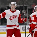 Jan 19, 2025; Dallas, Texas, USA; Detroit Red Wings defenseman Simon Edvinsson (77) and center Marco Kasper (92) celebrates a goal scored by Edvinsson against the Dallas Stars during the third period at the American Airlines Center.