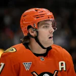 Oct 16, 2026; Anaheim, California, USA; Anaheim Ducks center Leo Carlsson (91) looks on against the Boston Bruins during the third period at Honda Center.