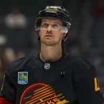 Oct 22, 2026; Vancouver, British Columbia, CAN; Vancouver Canucks forward Elias Pettersson (40) looks up in warm up prior to a game against the Detroit Red Wings at Rogers Arena.