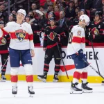 Oct 21, 2026; Ottawa, Ontario, CAN; Florida Panthers left wing Brady Tkachuk (8) salutes the crowd as he is welcomed back to the Canadian Tire Centre to play against the Ottawa Senators for the first time. Mandatory Credit: Marc DesRosiers-Imagn
