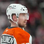 May 4, 2026; Raleigh, North Carolina, USA; Philadelphia Flyers defenseman Rasmus Ristolainen (55) looks on during the warmups before the game against the Carolina Hurricanes in game two of the second round of the 2026 Stanley Cup Playoffs at Lenovo Center.