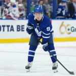 Oct 22, 2026; Toronto, Ontario, CAN; Toronto Maple Leafs left wing Gavin McKenna (92) waits for the faceoff against the New York Rangers during the third period at Scotiabank Arena.
