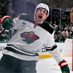 Apr 28, 2026; Dallas, Texas, USA; Minnesota Wild center Michael McCarron (47) celebrates after he scores a goal against the Dallas Stars during the third period in game five of the first round of the 2026 Stanley Cup Playoffs at American Airlines Center.