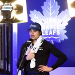 Nov 6, 2021; Toronto, Ontario, CAN; Toronto Maple Leafs forward Auston Matthews (34) does a post-game interview for television after a win over Boston Bruins at Scotiabank Arena.