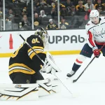 Sep 21, 2025; Boston, Massachusetts, USA; Washington Capitals forward Ivan Miroshnichenko (63) stick handles the puck in front of Boston Bruins goaltender Michael DiPietro (80) during the second period at TD Garden.