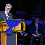 Feb 2, 2017; St. Louis, MO, USA; St. Louis Blues Chairman Tom Stillman speaks during a ceremony retiring the number of former Blues defenseman Bob Plager, prior to a game between the Blues and the Toronto Maple Leafs at Scottrade Center. Mandatory Credit: Billy Hurst-USA TODAY Sports