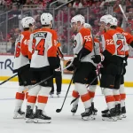 Oct 1, 2026; Newark, New Jersey, USA; Philadelphia Flyers defenseman Rasmus Ristolainen (55) celebrates his goal against the New Jersey Devils during the first period at Prudential Center.