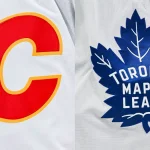 Jan 18, 2025; Montreal, Quebec, CAN; View of a Toronto Maple Leafs logo on a jersey worn by a member of the team during the second period at Bell Centre. Dec 12, 2022; Montreal, Quebec, CAN; View of a Calgary Flames logo on a jersey worn by the member of the team during the second period at Bell Centre.