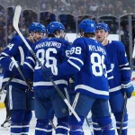 Oct 15, 2026; Toronto, Ontario, CAN; Toronto Maple Leafs right wing Kirill Marchenko (86) scores a goal and celebrates with right wing William Nylander (88) against the Buffalo Sabres during the first period at Scotiabank Arena.