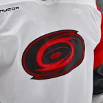 Oct 25, 2025; Dallas, Texas, USA; A view of the logo on the jersey of Carolina Hurricanes goaltender Brandon Bussi (32) during the game between the Stars and the Hurricanes at the American Airlines Center.
