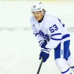 Oct 26, 2026; Calgary, Alberta, CAN; Toronto Maple Leafs right wing Easton Cowan (53) skates during the warmup period against the Calgary Flames at Scotiabank Saddledome.