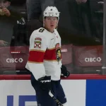 Oct 25, 2026; Chicago, Illinois, USA; Florida Panthers left wing Brady Tkachuk (8) warms up before a game against the Chicago Blackhawks at United Center.