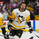 Oct 16, 2026; Denver, Colorado, USA; Pittsburgh Penguins defenseman Erik Karlsson (65) before the game against the Colorado Avalanche at Ball Arena.