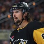 Oct 3, 2026; Pittsburgh, Pennsylvania, USA; Pittsburgh Penguins defenseman Erik Karlsson (65) looks on against the Montreal Canadiens during the third period at PPG Paints Arena. Mandatory Credit: Charles LeClaire-Imagn Images