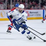 Apr 9, 2026; Montreal, Quebec, CAN;Tampa Bay Lightning forward Nikita Kucherov (86) plays the puck during the second period of the game against the Montreal Canadiens at the Bell Centre.