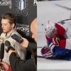 Zach Benson thanks Mike Matheson for protecting him from flying skate in Game