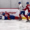 Juraj Slafkovsky exits Canadiens practice after taking puck to the face